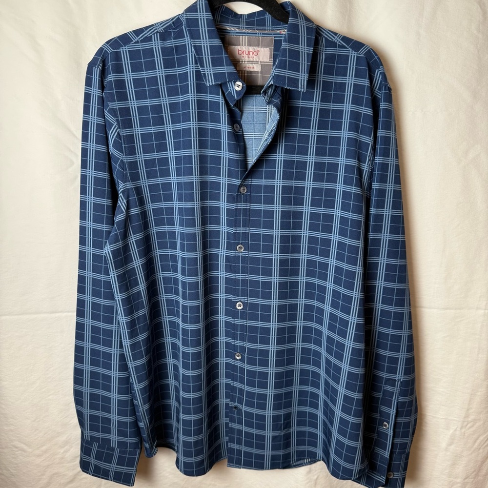 Bruno Milano Blue Plaid Stretch Long Sleeve Mens Shirt Size Large-NWOT